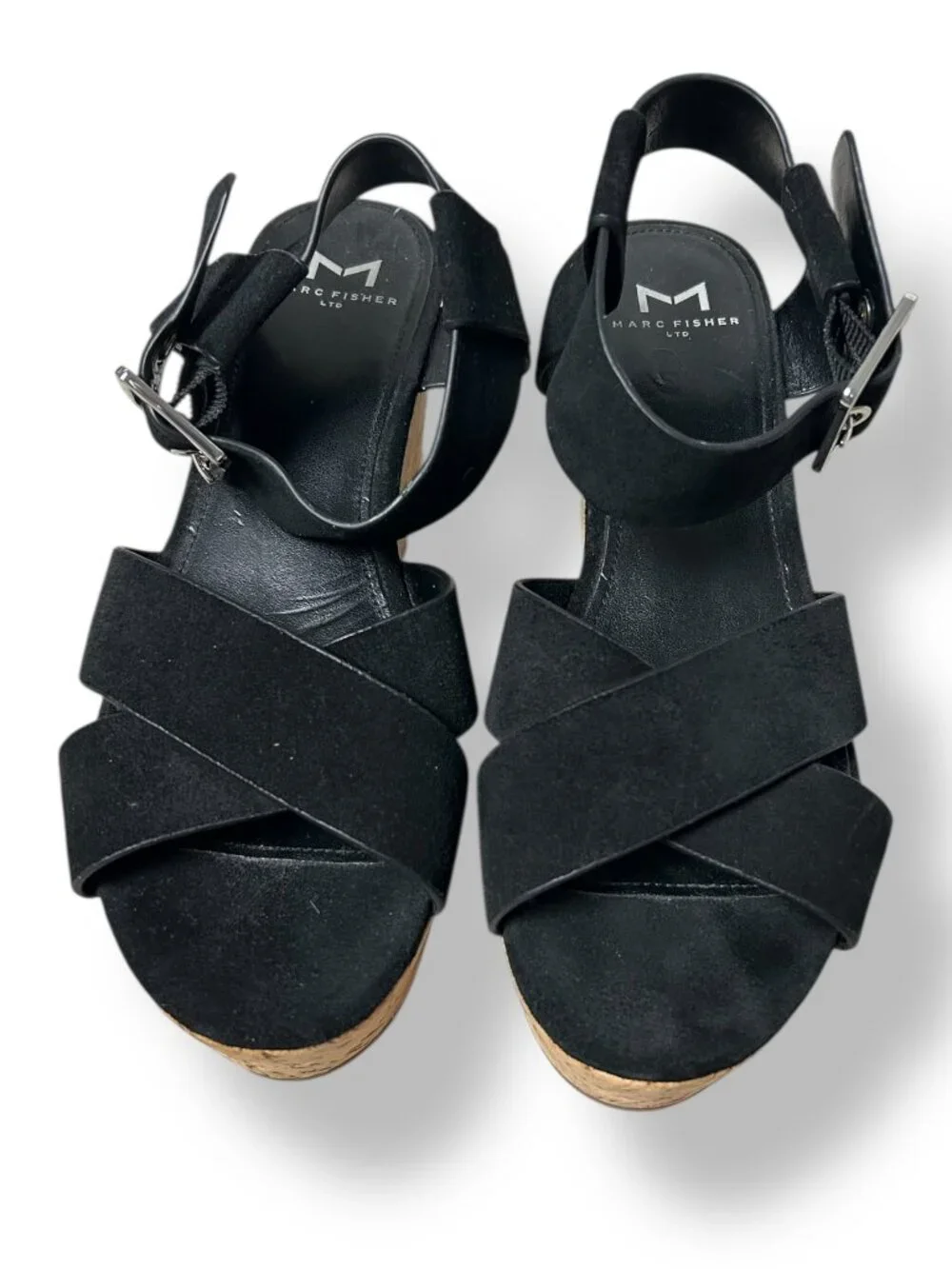 Marc Fisher LTD Cacie Black Suede Cork Platform Sandal Sz 6